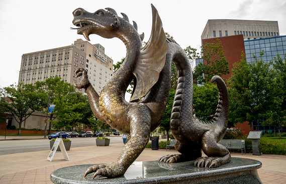 Bronze statue of the school mascot, Mario the Magnificent Drexel Dragon